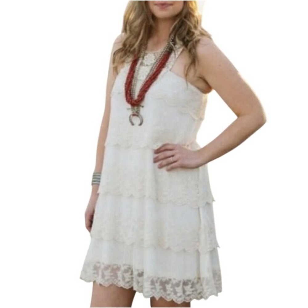 Rancho‎ Women's Ivory Floral Tiered Lace Crochet Bib Mini Dress Size M
